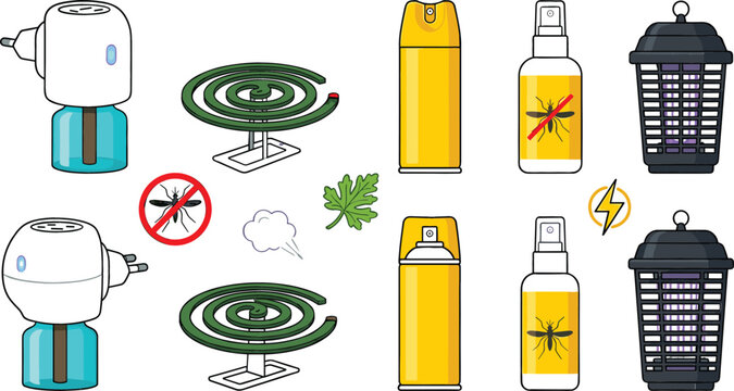 Mosquito Repellent Collection Vector Illustration Featuring Electric Diffuser Insect Spray Coil and Bug Zapper Devices