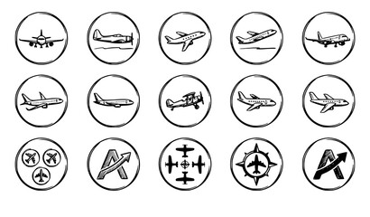 Minimalist airplane line art icons vector set with aviation navigation compass propeller aircraft and jet symbols © MdIbrahimIslam