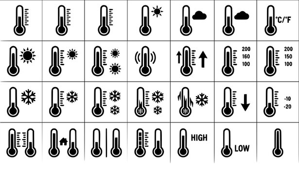 Weather thermometer line icon set with corporate temperature level climate indicator mercury fluid and metric tracking vector symbols
