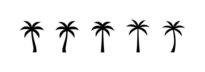 Palm tree icon set, a pack of silhouettes in various tropical shapes and angles, perfect for summer and holiday design themes. © Adit