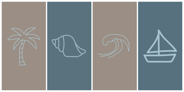 Beach and summer icons: palm tree seashell wave sailboat with line art hand drawn seashell sailboat vacation tropical illustration collection background abstract