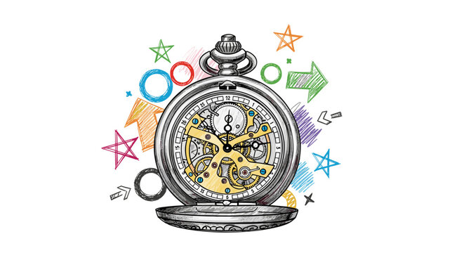 Vintage pocket watch, colorful symbols, illustrations, time concept, clockwork mechanism