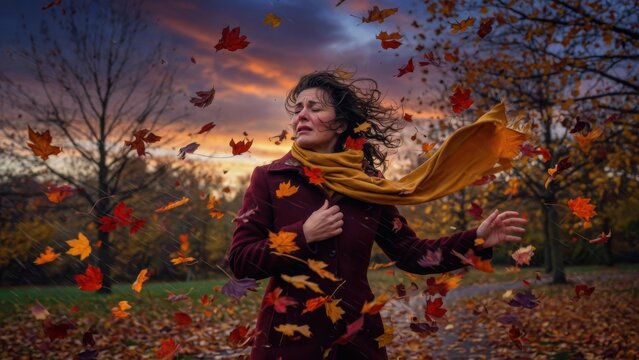Woman bracing against wind among falling leaves in park