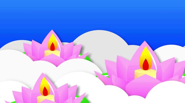 Lotus flower lanterns floating on water waves under a blue sky in paper cut style.