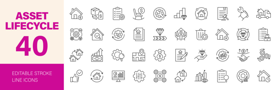 Asset lifecycle icon set. Editable line icons. Vector illustration.