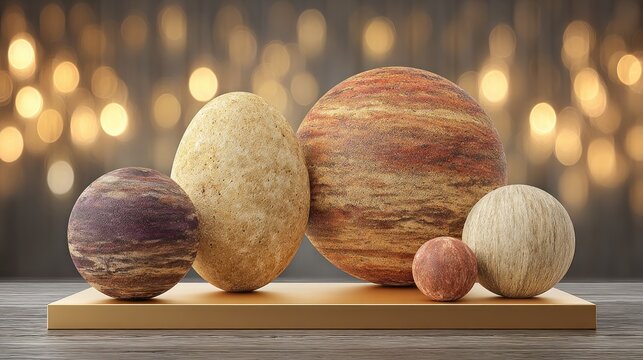Group of textured spherical and ovoid objects resting upon a golden pedestal against a bokeh background
