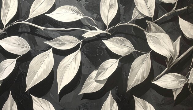 Monochrome seamless leaf branch shadow pattern with flowing organic silhouettes on dark background