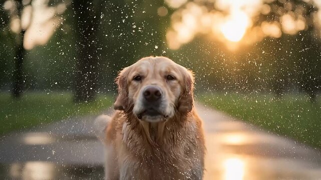 Golden Retriever Dog Shaking Off Water in Sunset Park