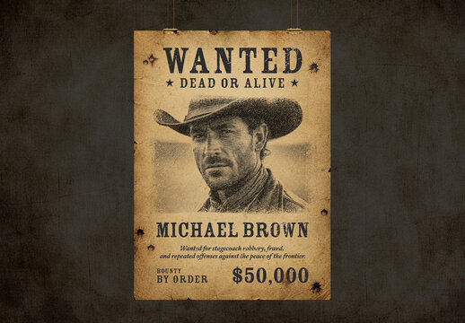 Old West Wanted Poster Template, Vintage Western Bounty Flyer, Sheriff Reward Notice Design