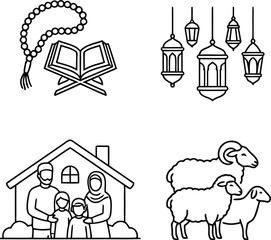 Fototapeta premium Eid al-adha icons with mosque prayer beads and lanterns
