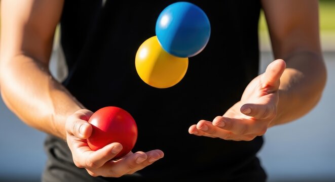Person juggles colorful balls with hands outdoors in daylight with skill and precision.