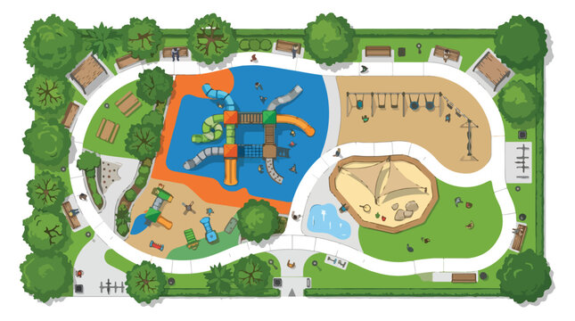 Top view playground map vector, aerial park landscape design with slides and swings, outdoor recreational area site plan for urban planning