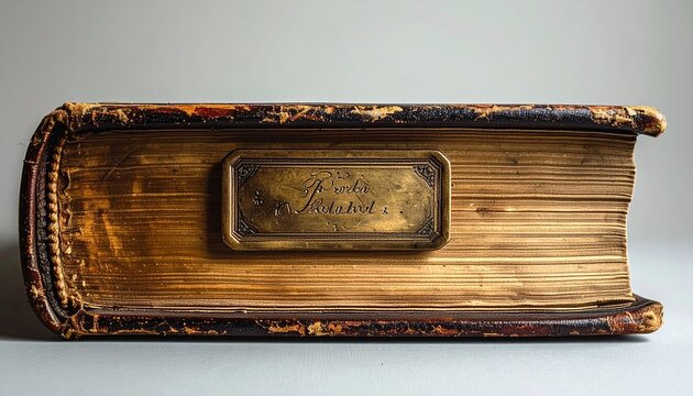 Antique Leather-Bound Book with Engraved Ex Libris Plate in Close-Up Studio Shot