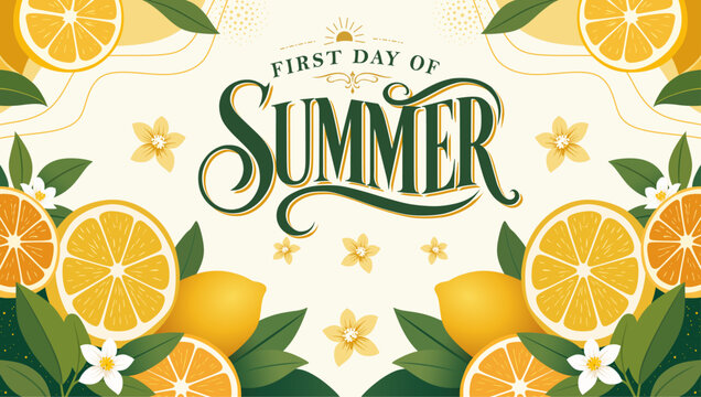 First Day of Summer Banner with Lemon Citrus, Floral Elements and Elegant Vintage Typography