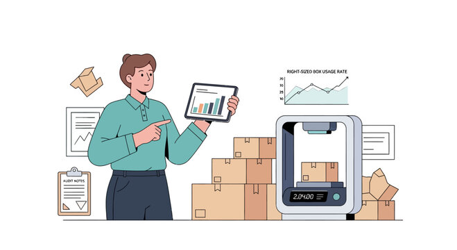 Warehouse worker analyzing 3d printing data on tablet with boxes and 3d printer