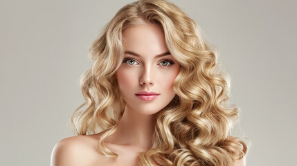 Naklejka premium Beauty blonde woman with long shiny wavy hair, curly hairstyle, air touch coloring, natural makeup and soft glamour studio portrait