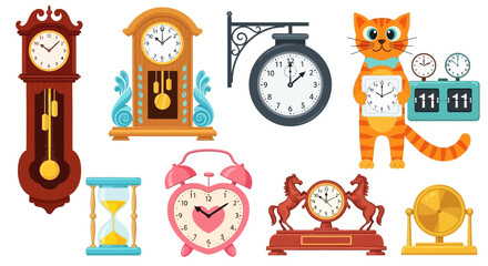 Fototapeta premium Colorful clock icons, time management symbols, vector illustrations, alarm clock graphics, 8 elements