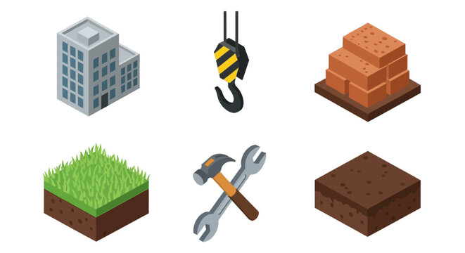 Construction icons, building materials, architecture symbols, 6 isometric elements