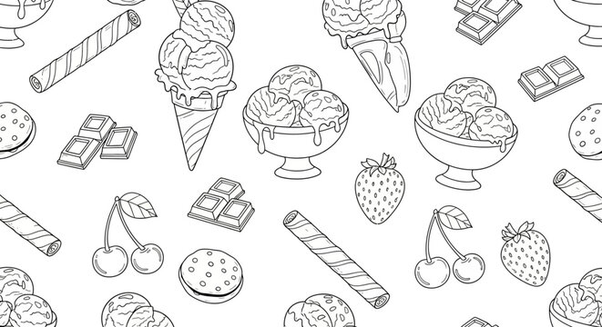 Seamless dessert pattern, sweet treats illustration, ice cream cone, candy and fruit design, black and white vector graphics