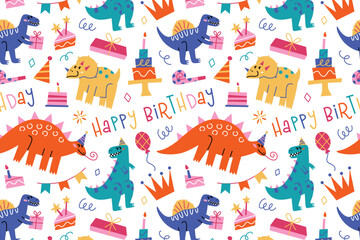 Cute dinosaur birthday party seamless pattern, flat cartoon colorful T-rex, stegosaurus, triceratops with party hats, cakes, gifts, Happy Birthday lettering. Kids dino party vector illustration © Elena
