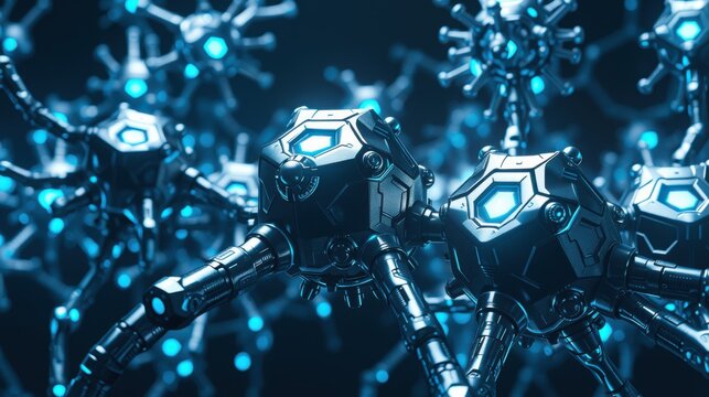 Futuristic nanobots swarm, glowing blue. Complex metallic structures suggest advanced technology, possibly medical or industrial applications. Dark background emphasizes luminescence.