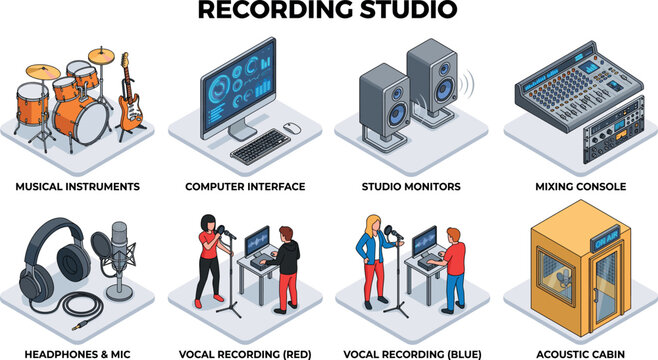 Isometric recording studio equipment collection featuring musical instruments mixing console microphones and acoustic vocal cabin vector art illustration
