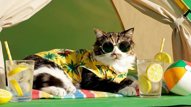 Playful Cat in Sunglasses and Hawaiian Shirt Relaxing on Colorful Towel with Drinks and Beach Ball Against Green Background