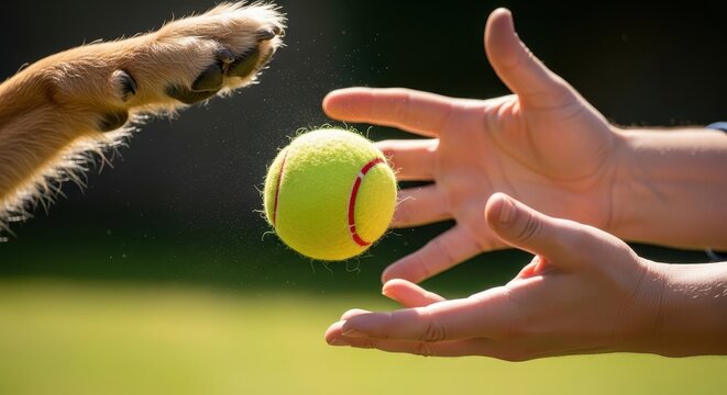 A person's hand tossing a tennis ball for a dog to catch outdoors in daylight with gentle motion.