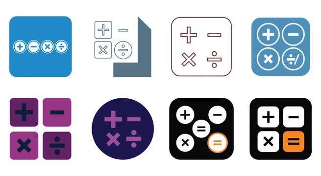 Collection of math calculator icons with addition subtraction multiplication signs