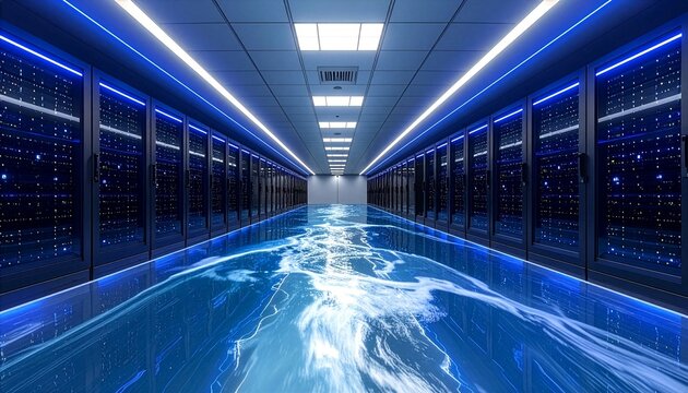 A long, illuminated corridor lined with rows of server racks, reflecting a digital world of flowing data streams.