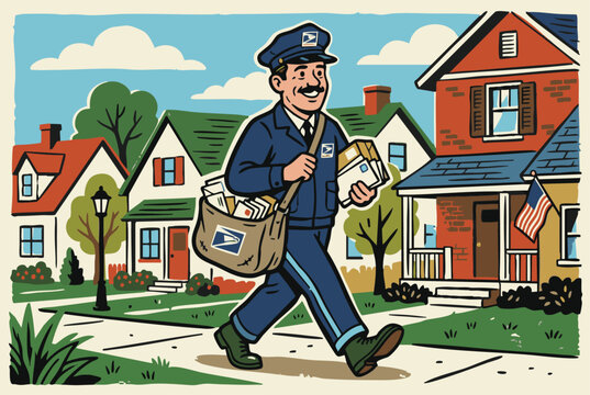 Cheerful Postal Worker Delivering Mail in Suburban Neighborhood Cartoon Illustration