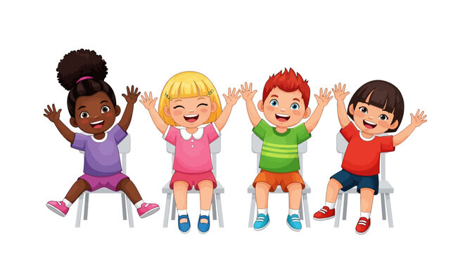 Diverse children, kids sitting on chairs, waving hands, colorful illustration, vector graphics