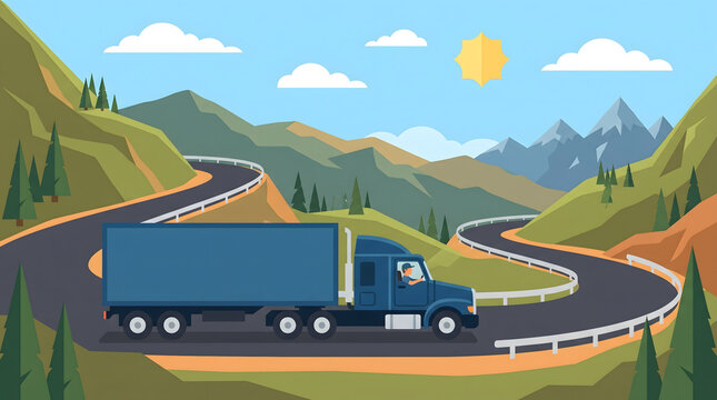Commercial Trucking Logistics on Mountain Roads: Freight Transport, Delivery Services, Supply Chain, Shipping & Distribution