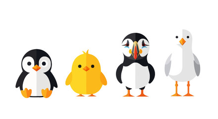 Fototapeta premium Cute birds, cartoon penguins, puffins, seagulls, and chicks, colorful vector illustrations, animal icons, kids education, wildlife graphics
