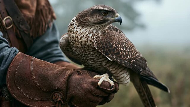 Falcon perched on falconer gloved hand in misty outdoor setting with focused raptor showing detailed feathers hunting wildlife prey