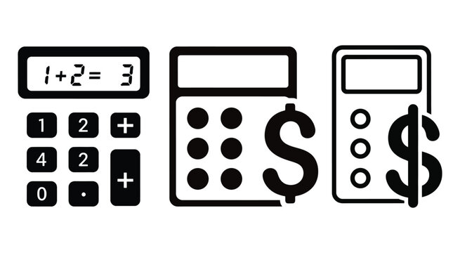 Set of black calculator icons for business finance and math calculation tasks