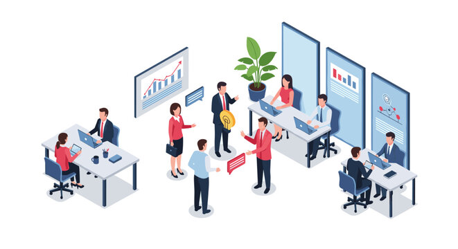 Business meeting and office collaboration isometric illustration.