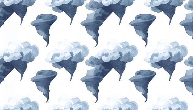 Seamless pattern of tornado funnel clouds in various stages on white background, flat 2D illustration