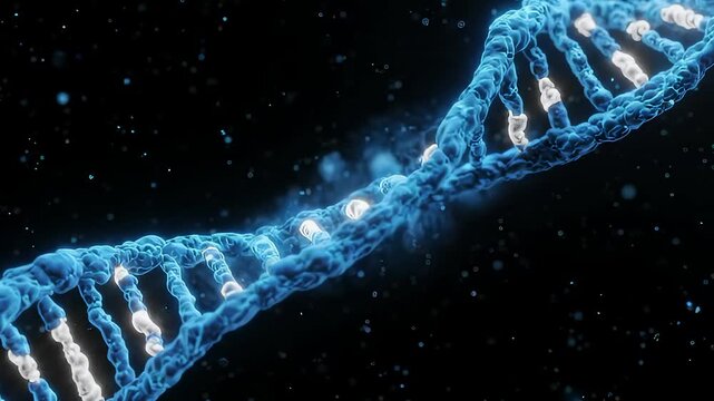 Abstract Glowing Blue DNA Helix Rotating in Dark Space