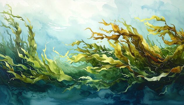 Underwater kelp forest swaying in ocean current with sunlight rays and marine ambiance