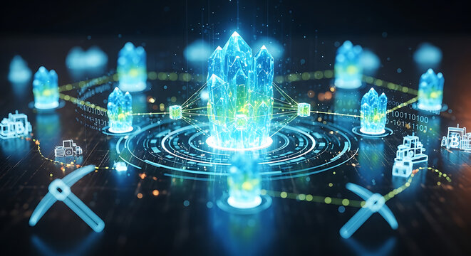 Digital asset token infrastructure featuring glowing blue crystal nodes and technical hud