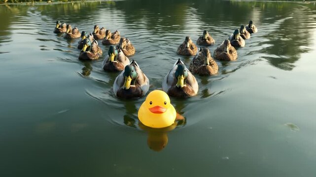 Yellow Duck Leads Ducks Swimming in Lake