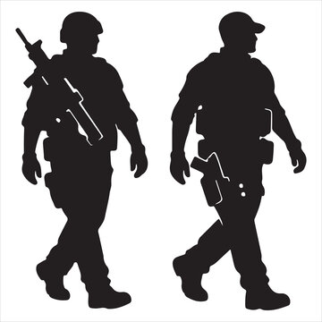 Silhouettes of armed and unarmed security personnel walking side by side