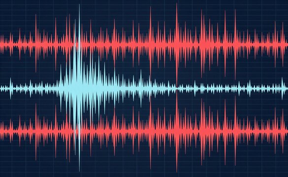 Audio equalizer display with red and blue lines on dark grid background