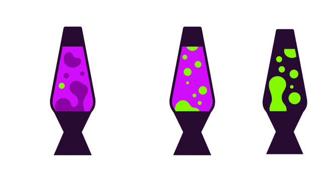 Lava lamp vector icons, colorful decorative lamps, purple and green glowing, illustration set