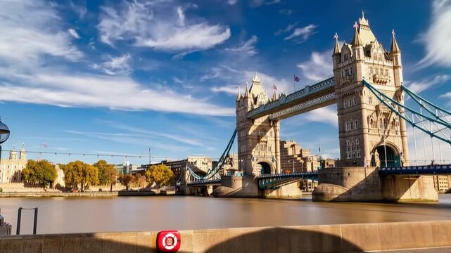Tower Bridge in London, UK, United Kingdom. Time lapse. People walking.