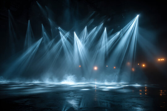 Dramatic concert stage lighting with powerful white strobe lights and moving beams cutting through heavy fog in a dark nightclub atmosphere