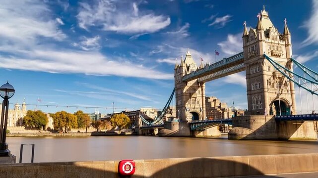 Tower Bridge in London, UK, United Kingdom. Time lapse. People walking.