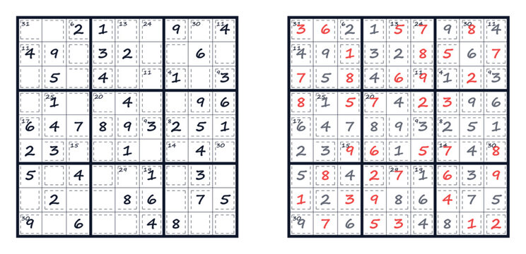 Killer Sudoku puzzle and solution grid. Logic math game with dashed cages and target sums. Minimalist flat design graphic element