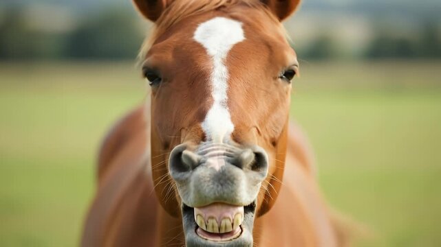 Funny Horse Showing Teeth in Field
